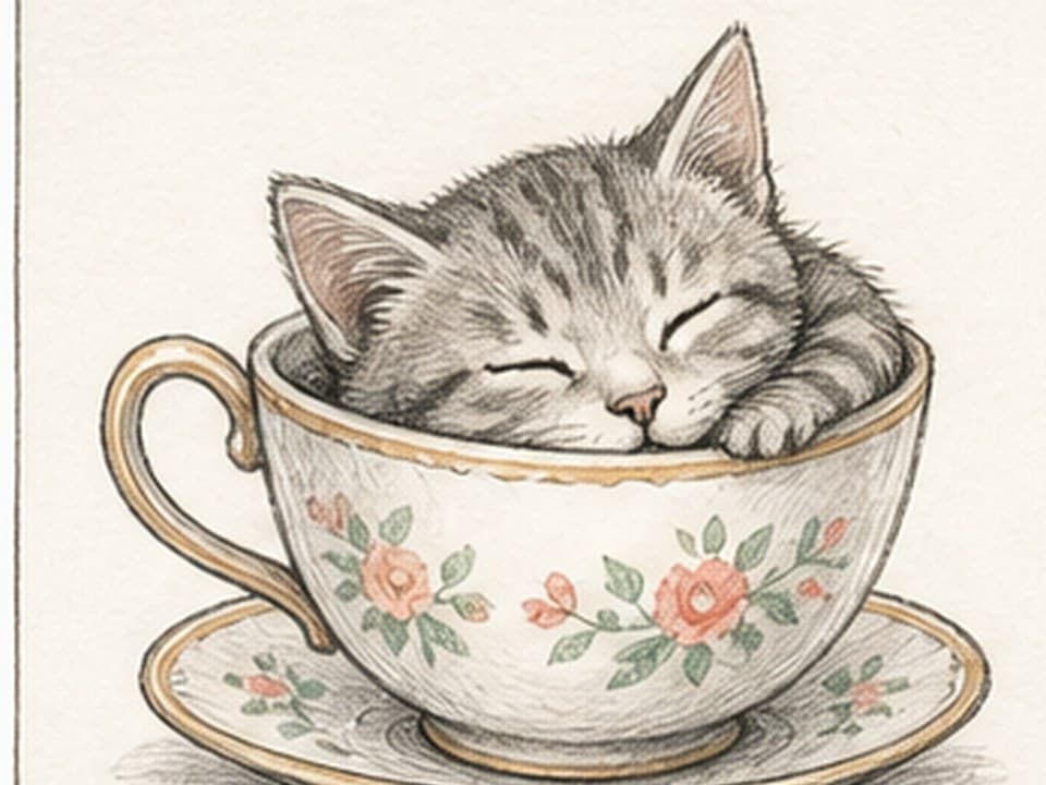 Sleeping Cat in a Teacup drawing reference